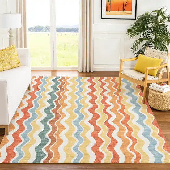 Coral Ivory And Gold Striped Washable Indoor Outdoor Area Rug Photo 8