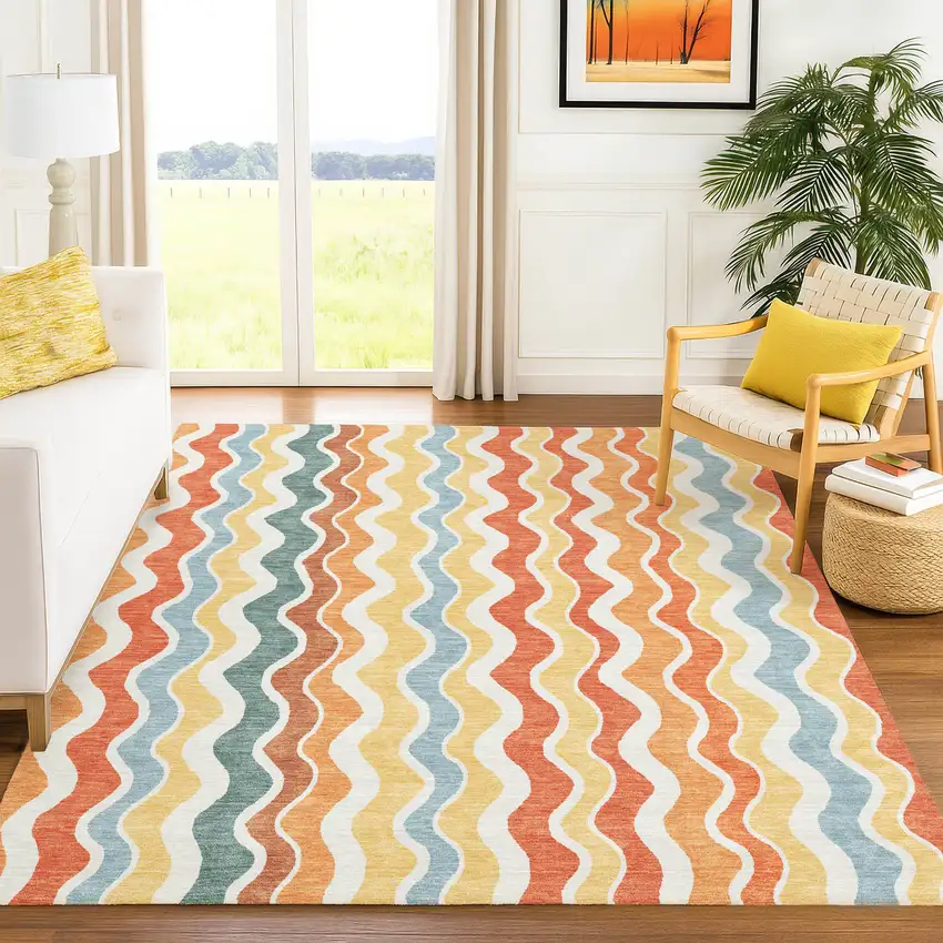 Coral Ivory And Gold Striped Washable Indoor Outdoor Area Rug Photo 8