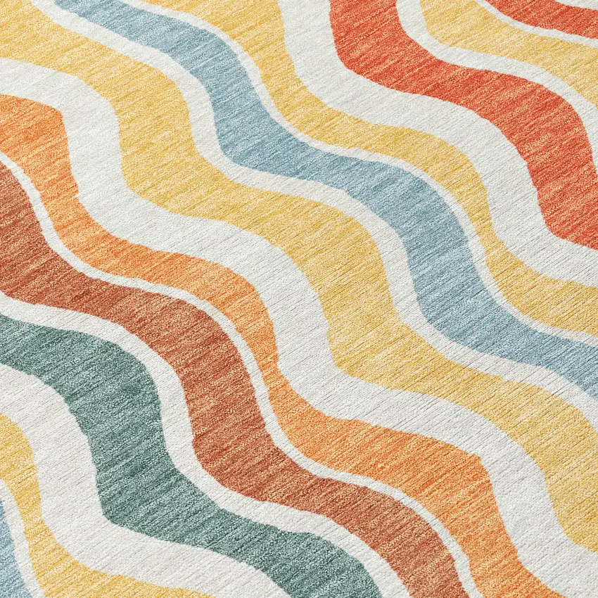 Coral Ivory And Gold Striped Washable Indoor Outdoor Area Rug Photo 6