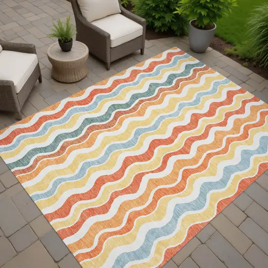 Coral Ivory And Gold Striped Washable Indoor Outdoor Area Rug Photo 6