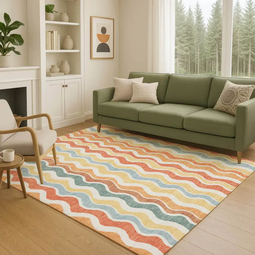 Coral Ivory And Gold Striped Washable Indoor Outdoor Area Rug Photo 7