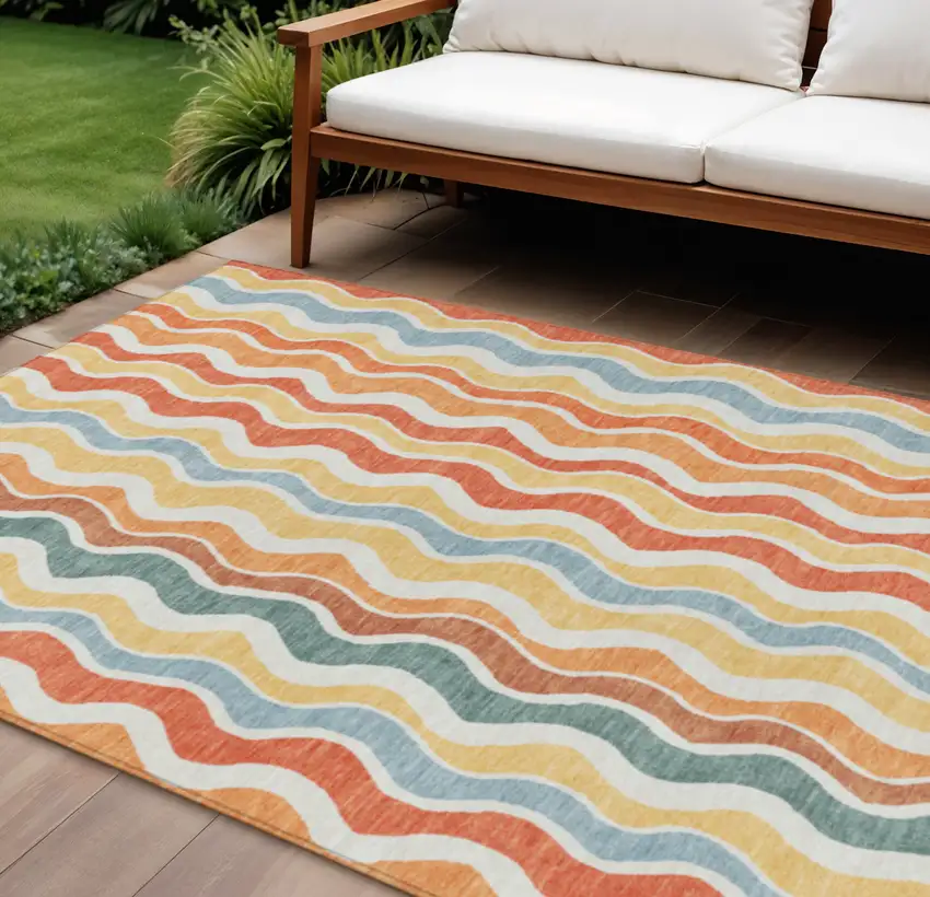 Coral Ivory And Gold Striped Washable Indoor Outdoor Area Rug Photo 1