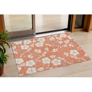 Photo of Coral Ivory And Gray Floral Washable Indoor Outdoor Area Rug