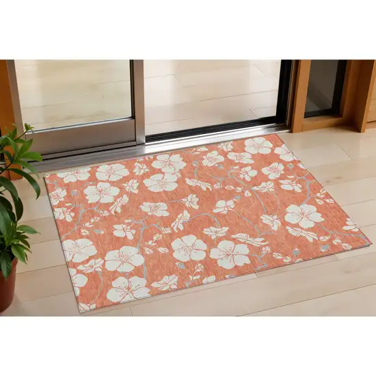 Coral Ivory And Gray Floral Washable Indoor Outdoor Area Rug Photo 1