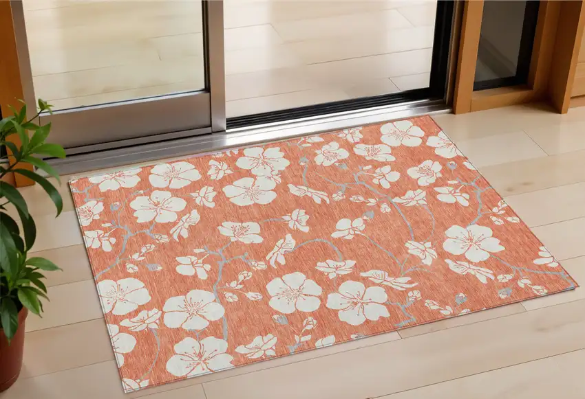 Coral Ivory And Gray Floral Washable Indoor Outdoor Area Rug Photo 1