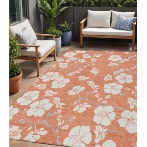 Photo of Coral Ivory And Gray Floral Washable Indoor Outdoor Area Rug