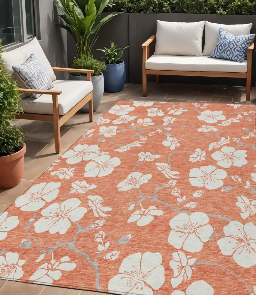 Coral Ivory And Gray Floral Washable Indoor Outdoor Area Rug Photo 1