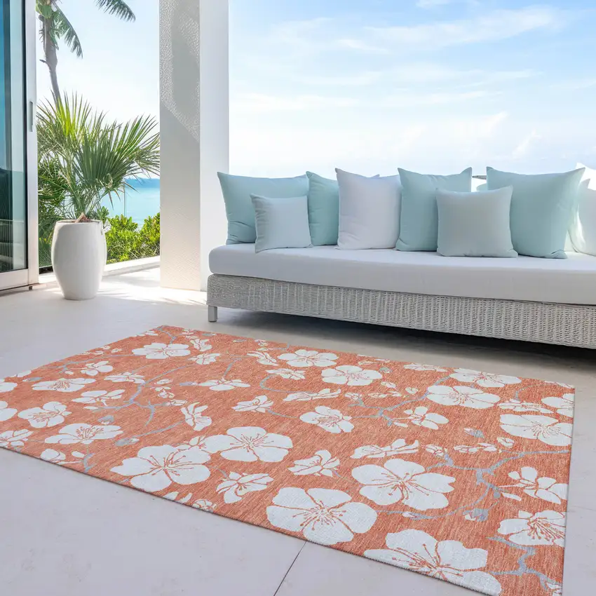 Coral Ivory And Gray Floral Washable Indoor Outdoor Area Rug Photo 9