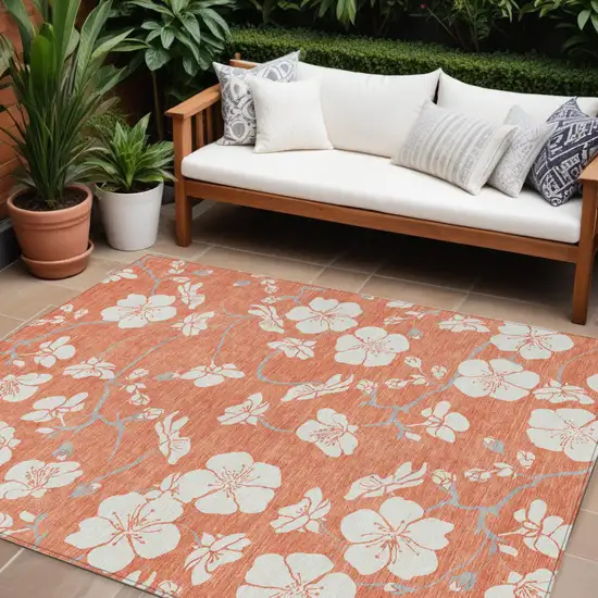 Coral Ivory And Gray Floral Washable Indoor Outdoor Area Rug Photo 1