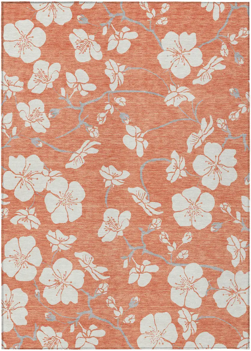 Coral Ivory And Gray Floral Washable Indoor Outdoor Area Rug Photo 2