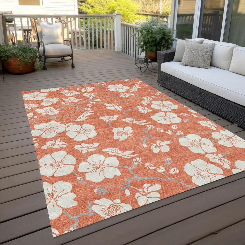 Coral Ivory And Gray Floral Washable Indoor Outdoor Area Rug Photo 9
