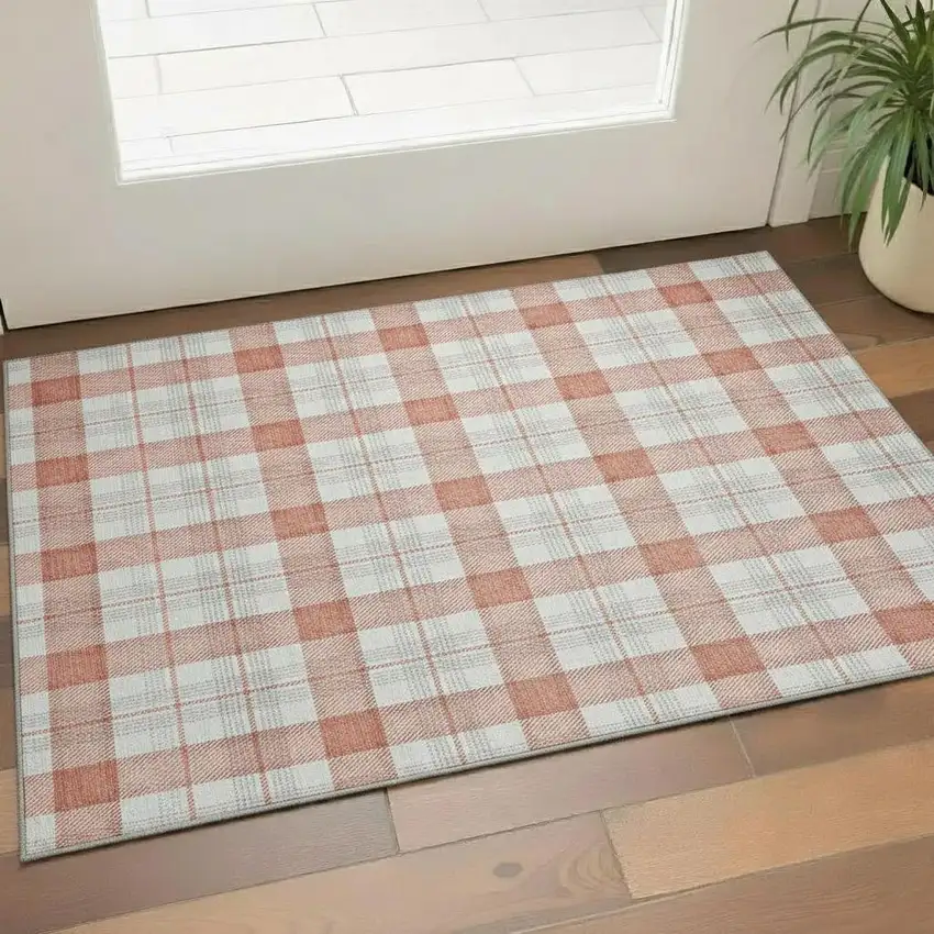 Coral Ivory And Gray Plaid Washable Area Rug With UV Protection Photo 2