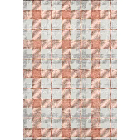 Coral Ivory And Gray Plaid Washable Area Rug With UV Protection Photo 1