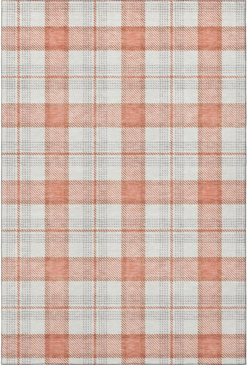 Coral Ivory And Gray Plaid Washable Area Rug With UV Protection Photo 3