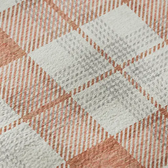 Coral Ivory And Gray Plaid Washable Area Rug With UV Protection Photo 9