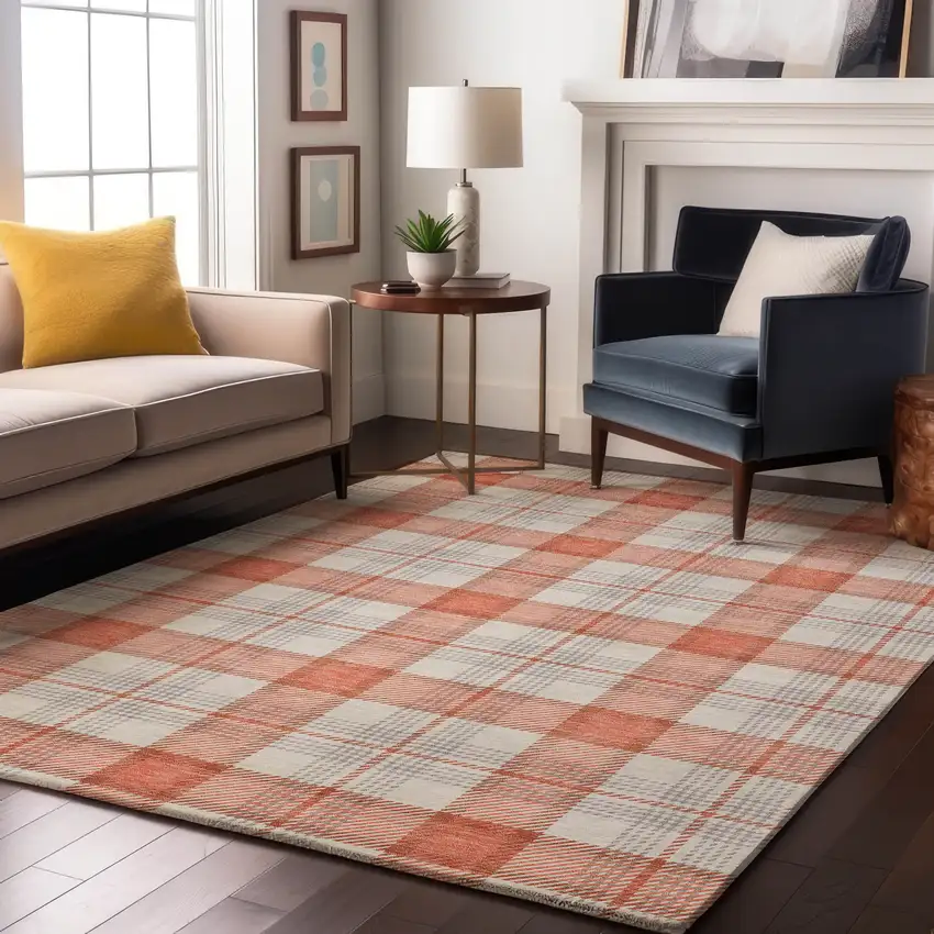 Coral Ivory And Gray Plaid Washable Area Rug With UV Protection Photo 4