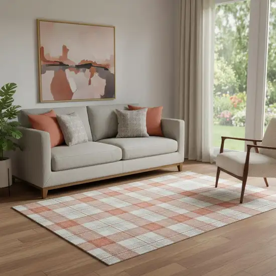 Coral Ivory And Gray Plaid Washable Area Rug With UV Protection Photo 2