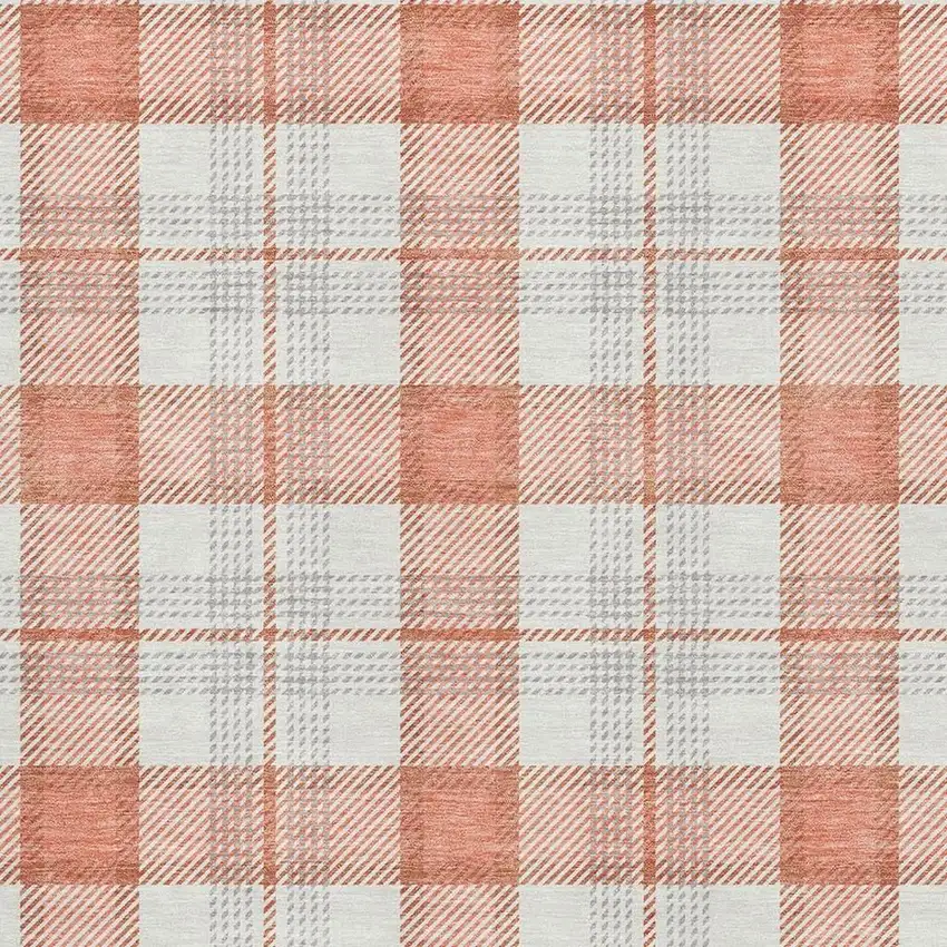 Coral Ivory And Gray Plaid Washable Area Rug With UV Protection Photo 2