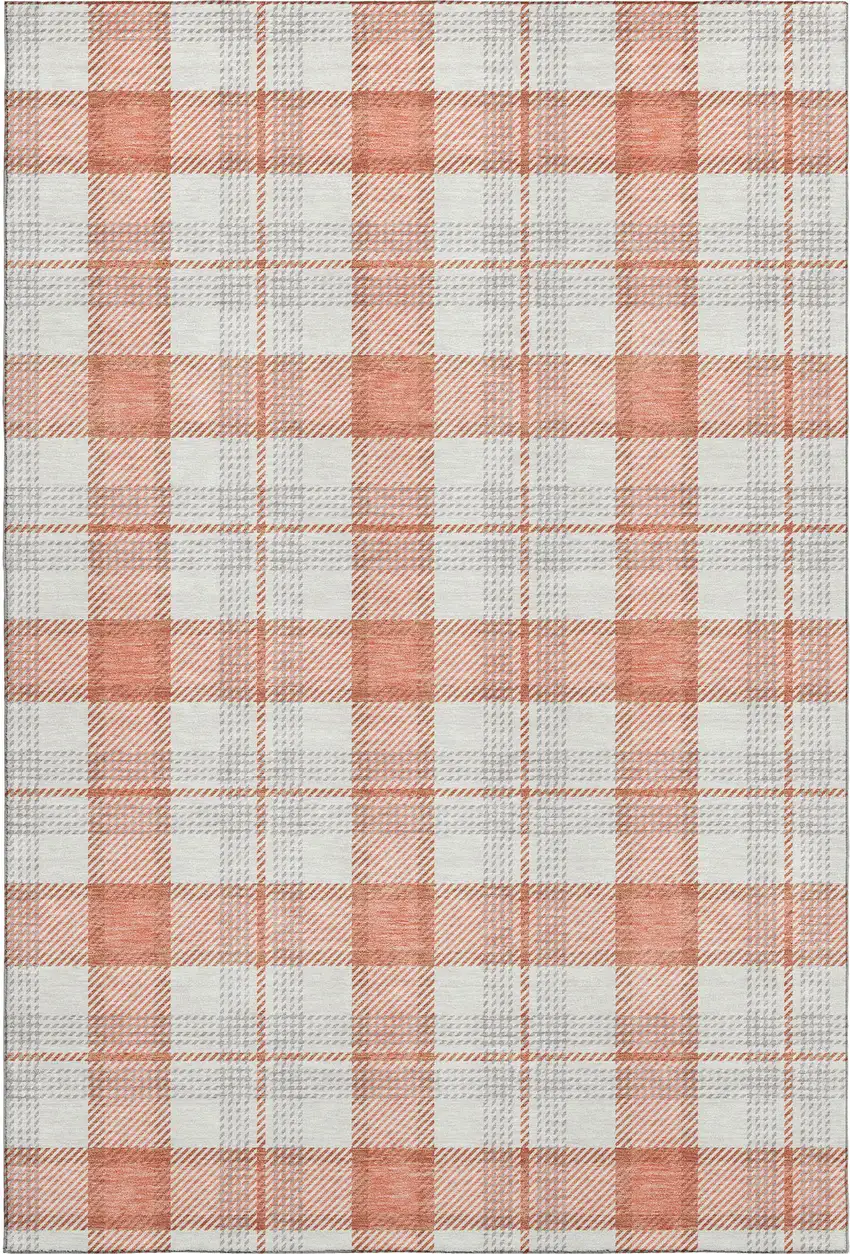 Coral Ivory And Gray Plaid Washable Area Rug With UV Protection Photo 1
