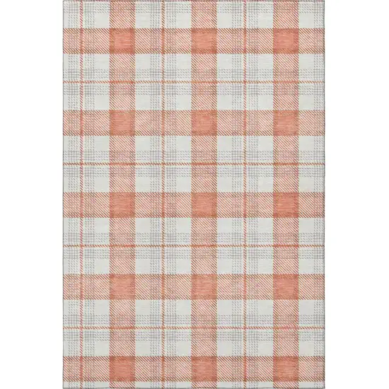 Coral Ivory And Gray Plaid Washable Area Rug With UV Protection Photo 3