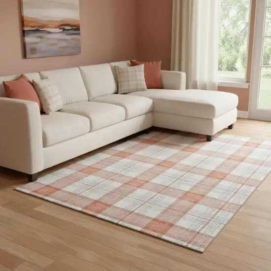 Coral Ivory And Gray Plaid Washable Area Rug With UV Protection Photo 2