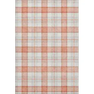 Photo of Coral Ivory And Gray Plaid Washable Area Rug With UV Protection