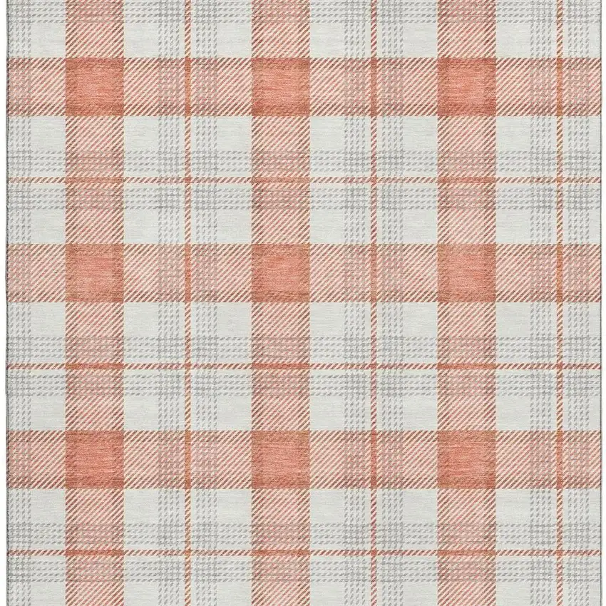 Coral Ivory And Gray Plaid Washable Area Rug With UV Protection Photo 3