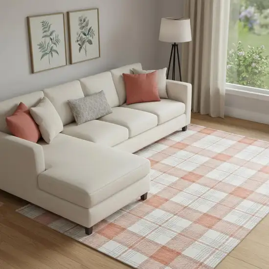 Coral Ivory And Gray Plaid Washable Area Rug With UV Protection Photo 2