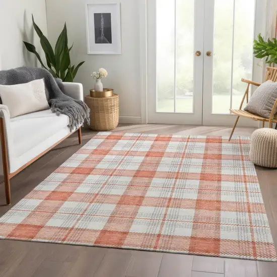Coral Ivory And Gray Plaid Washable Area Rug With UV Protection Photo 5