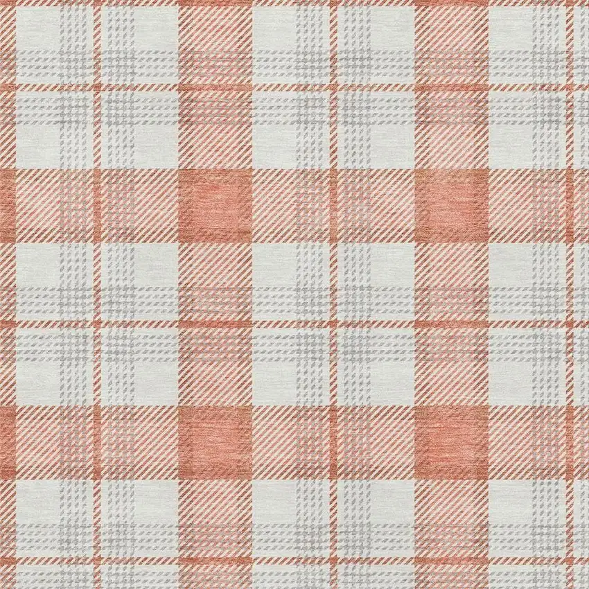 Coral Ivory And Gray Plaid Washable Area Rug With UV Protection Photo 2