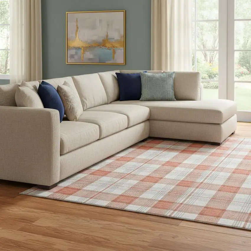 Coral Ivory And Gray Plaid Washable Area Rug With UV Protection Photo 2