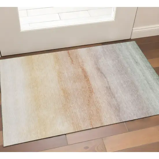 Coral Ivory And Gray Striped Washable Area Rug With UV Protection Photo 1