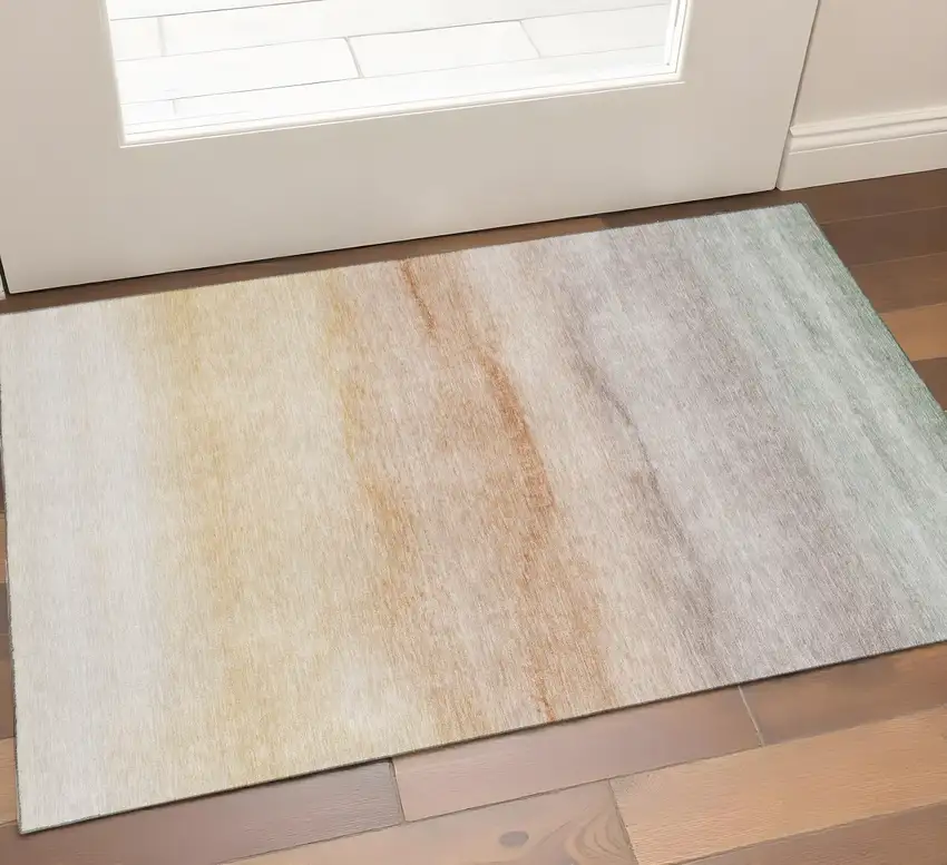 Coral Ivory And Gray Striped Washable Area Rug With UV Protection Photo 1