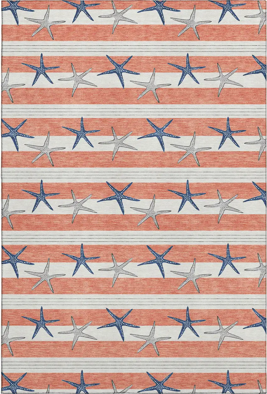 Coral Ivory And Navy Blue Geometric Washable Area Rug With UV Protection Photo 1