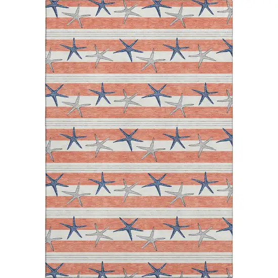 Coral Ivory And Navy Blue Geometric Washable Area Rug With UV Protection Photo 1