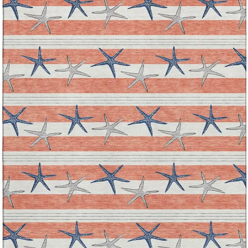 Coral Ivory And Navy Blue Geometric Washable Area Rug With UV Protection Photo 4