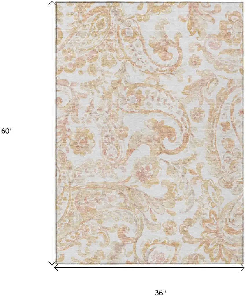 Coral Ivory And Peach Paisley Washable Indoor Outdoor Area Rug Photo 3