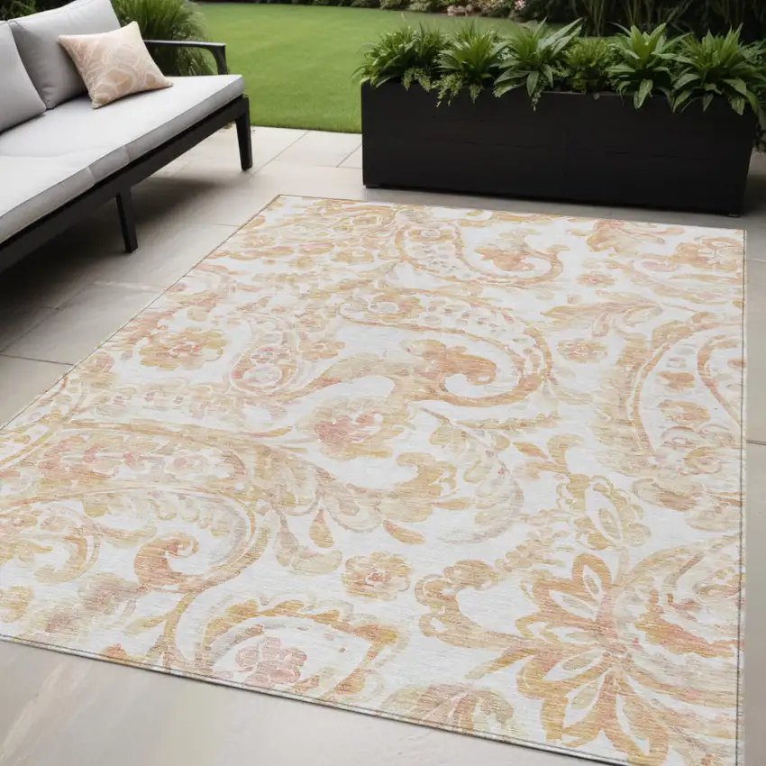 Coral Ivory And Peach Paisley Washable Indoor Outdoor Area Rug Photo 1