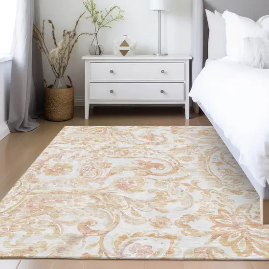 Coral Ivory And Peach Paisley Washable Indoor Outdoor Area Rug Photo 9
