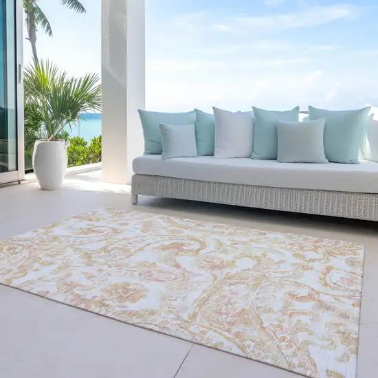Coral Ivory And Peach Paisley Washable Indoor Outdoor Area Rug Photo 9