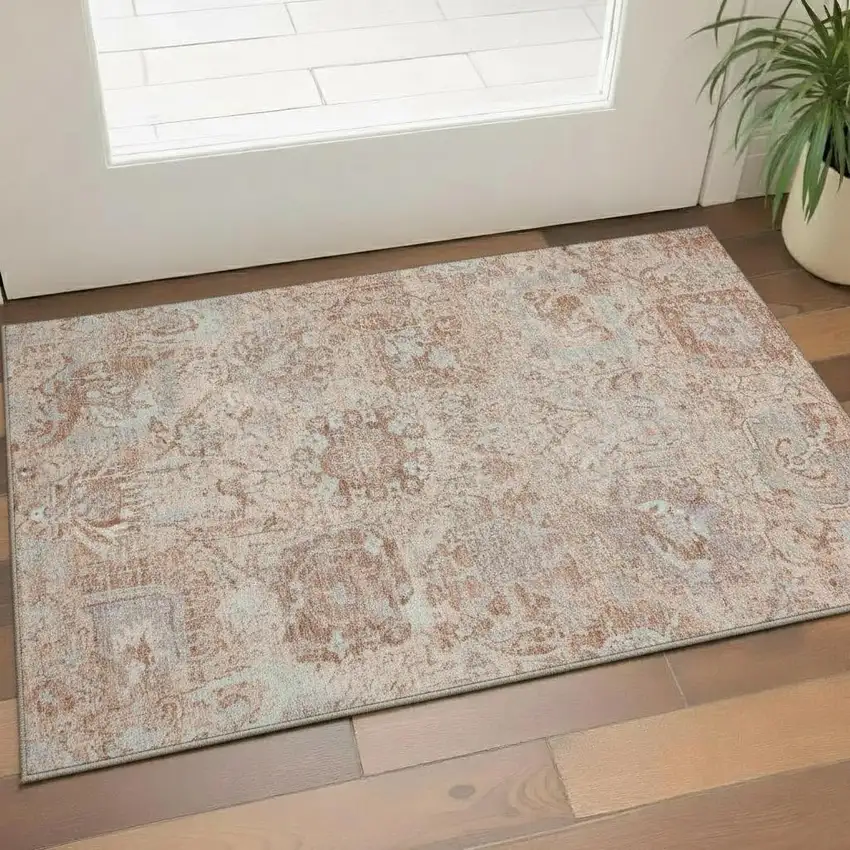 Coral Ivory And Rust Damask Washable Area Rug With UV Protection Photo 2