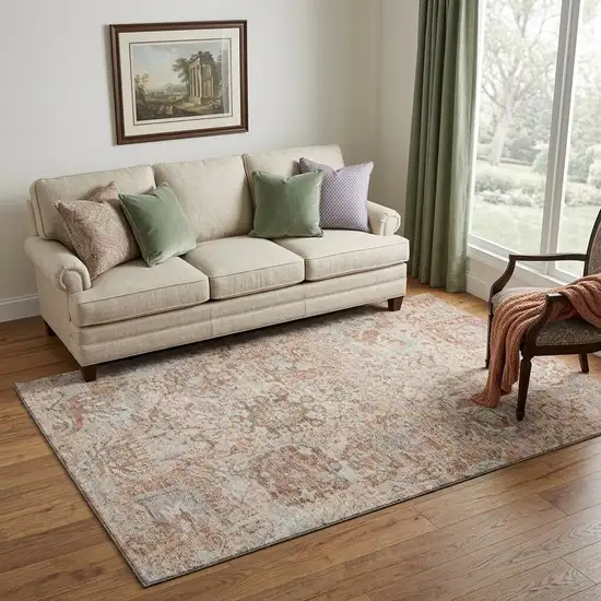 Coral Ivory And Rust Damask Washable Area Rug With UV Protection Photo 1