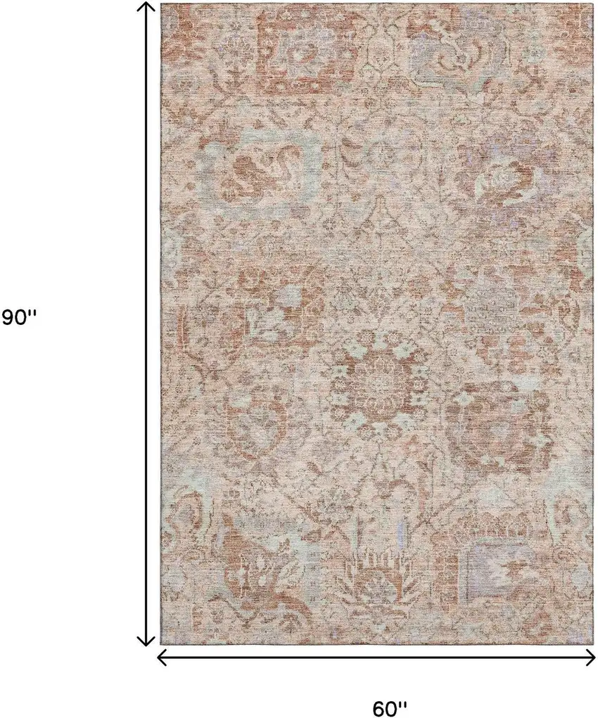 Coral Ivory And Rust Damask Washable Area Rug With UV Protection Photo 8