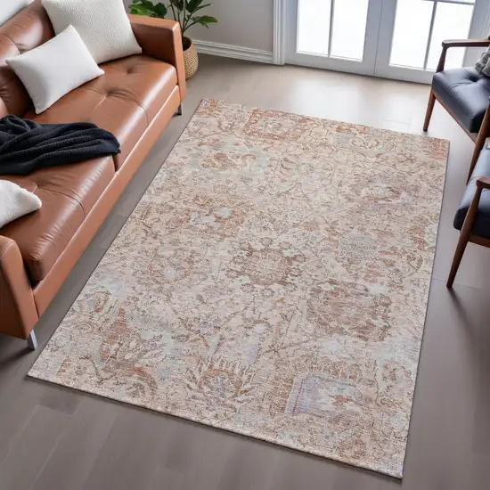 Coral Ivory And Rust Damask Washable Area Rug With UV Protection Photo 4