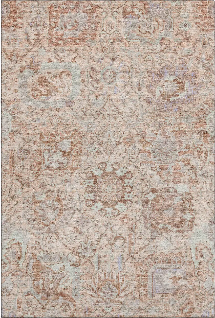 Coral Ivory And Rust Damask Washable Area Rug With UV Protection Photo 1