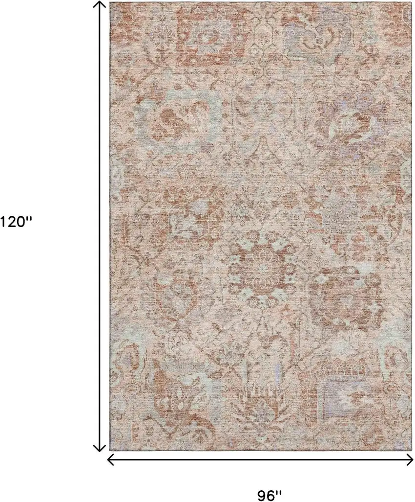 Coral Ivory And Rust Damask Washable Area Rug With UV Protection Photo 9