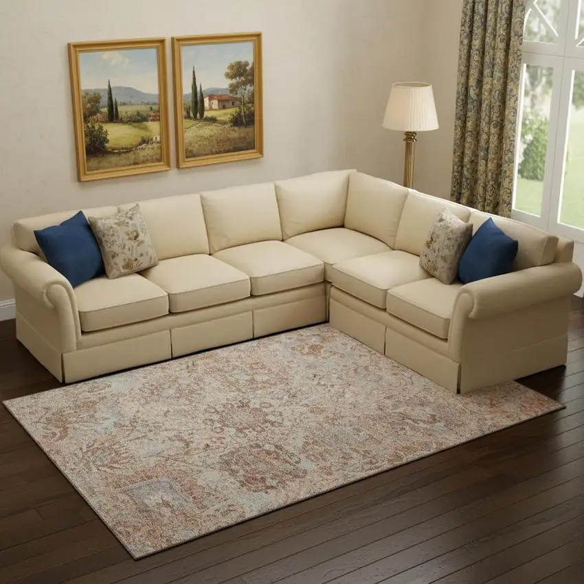 Coral Ivory And Rust Damask Washable Area Rug With UV Protection Photo 2