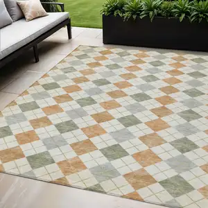 Photo of Coral Ivory And Silver Geometric Washable Indoor Outdoor Area Rug