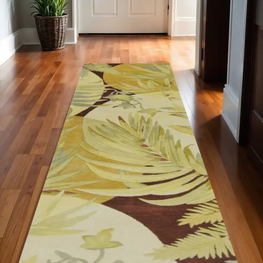 10' Coral Green And Ivory Wool Tropical Botanical Hand Tufted Runner Rug Photo 1