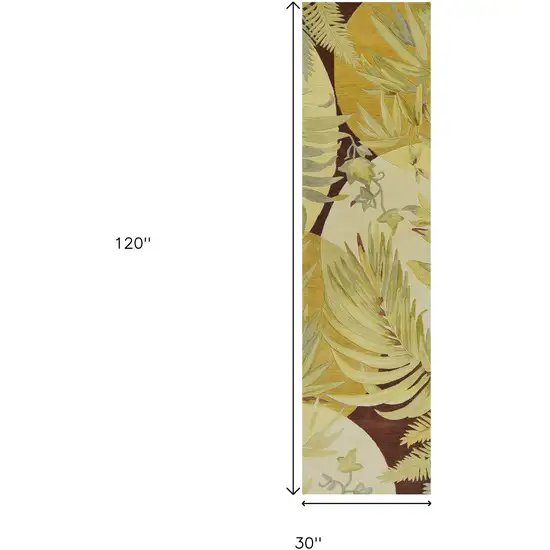 10' Coral Green And Ivory Wool Tropical Botanical Hand Tufted Runner Rug Photo 3